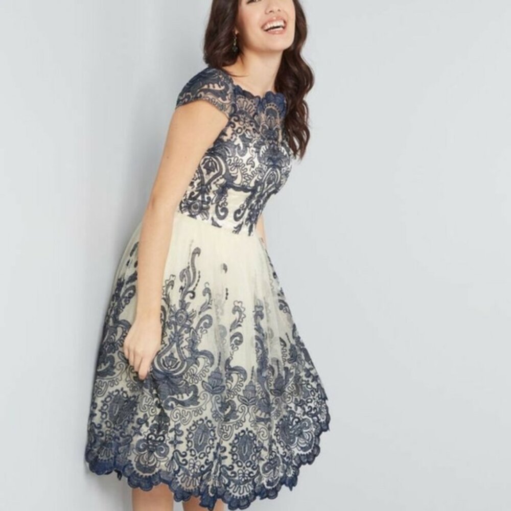 Embroidered Navy and Ivory Fit & Flare Dress